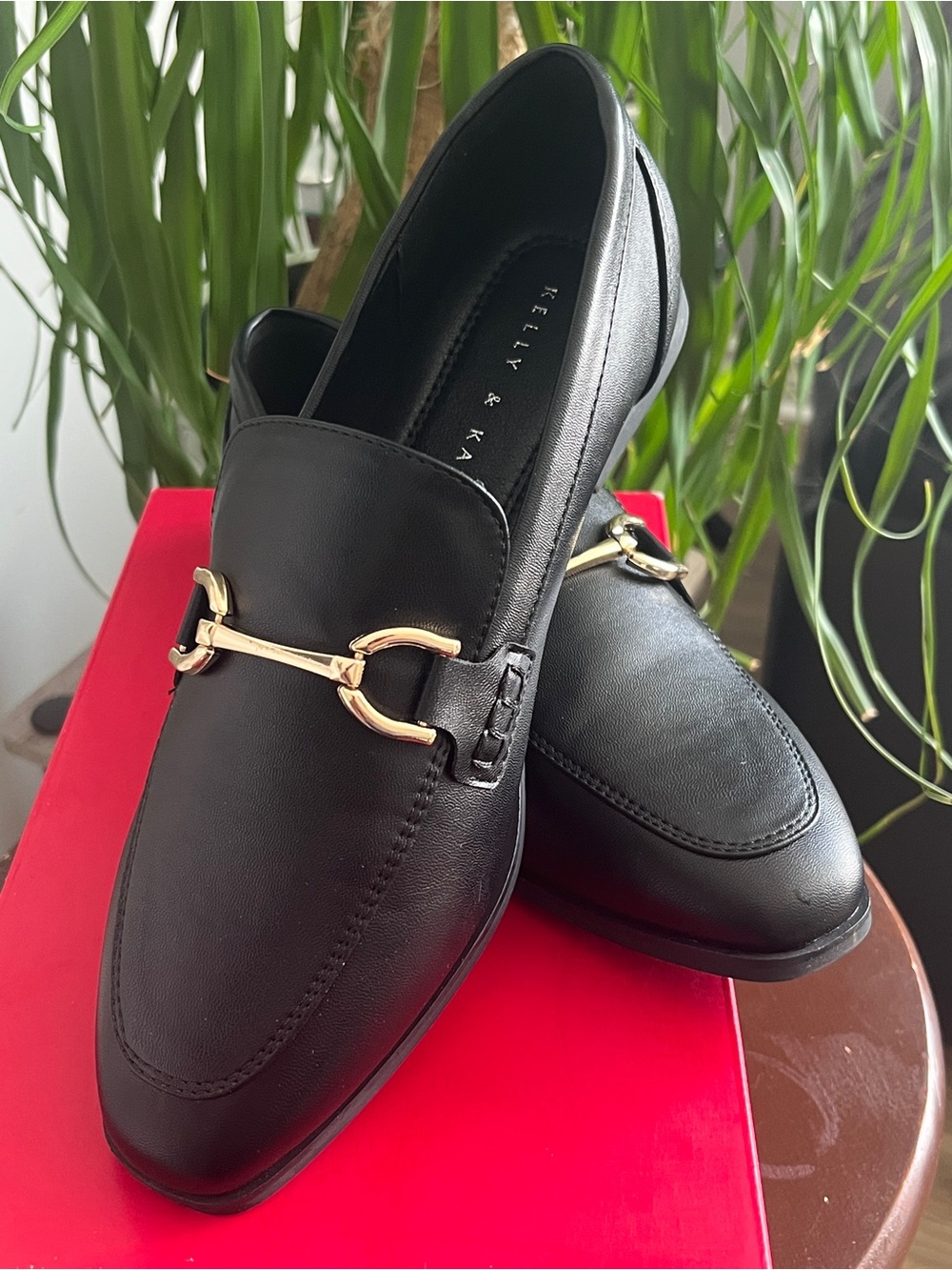 Kelly & Katie Black Leather Slip-On Loafers with Gold Accent